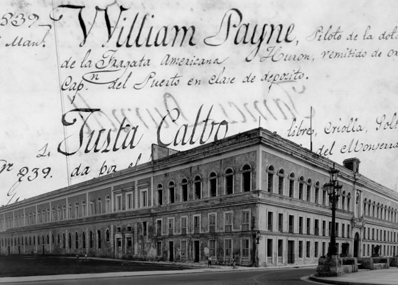 A view of Havana's prison from El Prado boulevard, captured in the early 20th century, juxtaposed with a detail from Book A of the 'Libro de Presos de la Cárcel de La Habana' manuscript, preserved at the Archivo Nacional de Cuba (EAP1676, 2025).